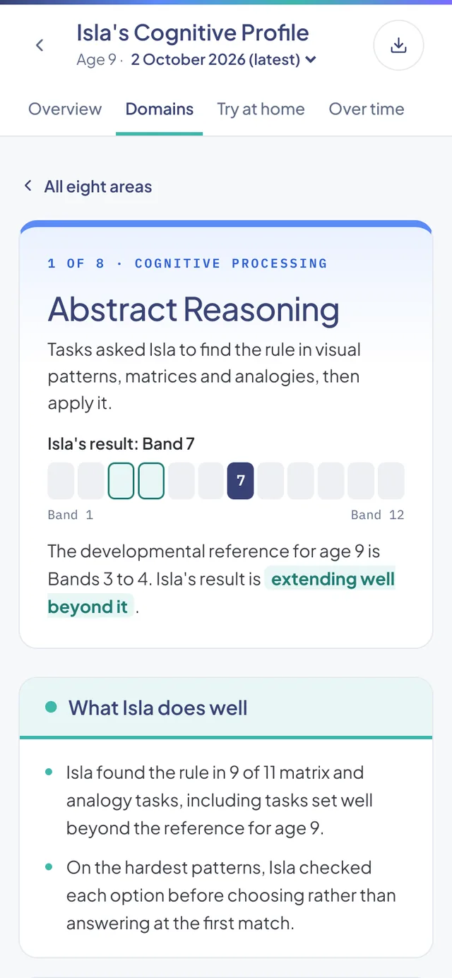 Abstract Reasoning for a sample child on a phone: the band reached and the range typical for age 9